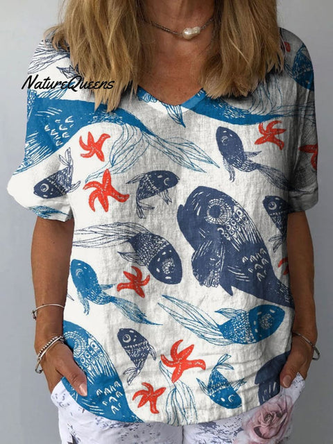 Women's Starfish Koi Art Print Casual Cotton And Linen Shirt