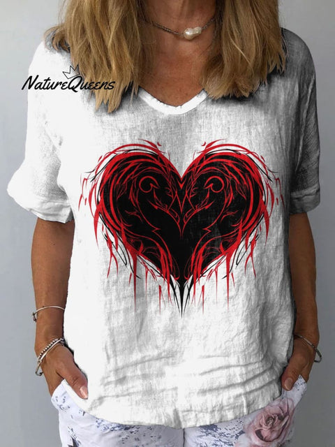 Women's Romantic Heart Art Print Casual Cotton And Linen Shirt