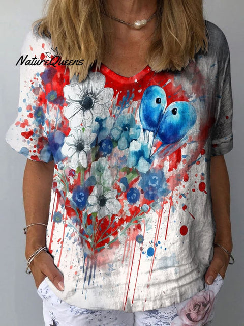 Women's Romantic Heart Art Print Casual Cotton And Linen Shirt