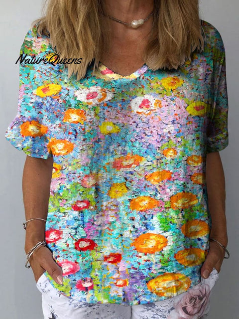 Women's Blurred Flower Art Print Casual Cotton And Linen Shirt