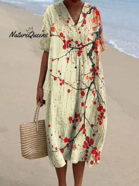 Women's Dead Branch Red Dot Art Print Flowy Dress