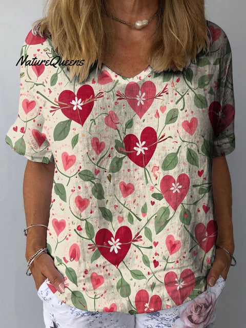 Women's Heart Shaped Floral Art Print Casual Cotton And Linen Shirt