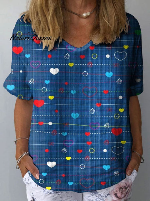 Women's Romantic Heart Art Print Casual Cotton And Linen Shirt