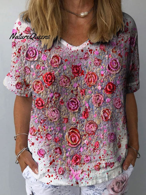 Women's Heart Shaped Rose Art Print Casual Cotton And Linen Shirt