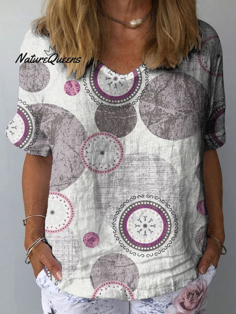 Women's Abstract Polka Dot Art Print Casual Cotton And Linen Shirt