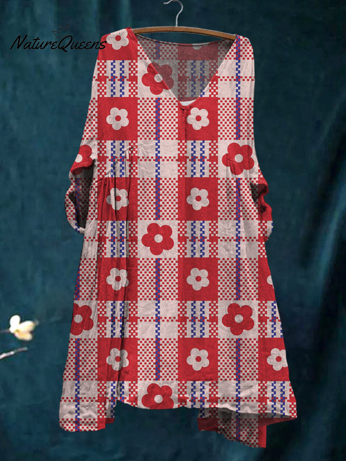 Women's Trellis Floral Art Print Pocket V-neck Cotton Dress