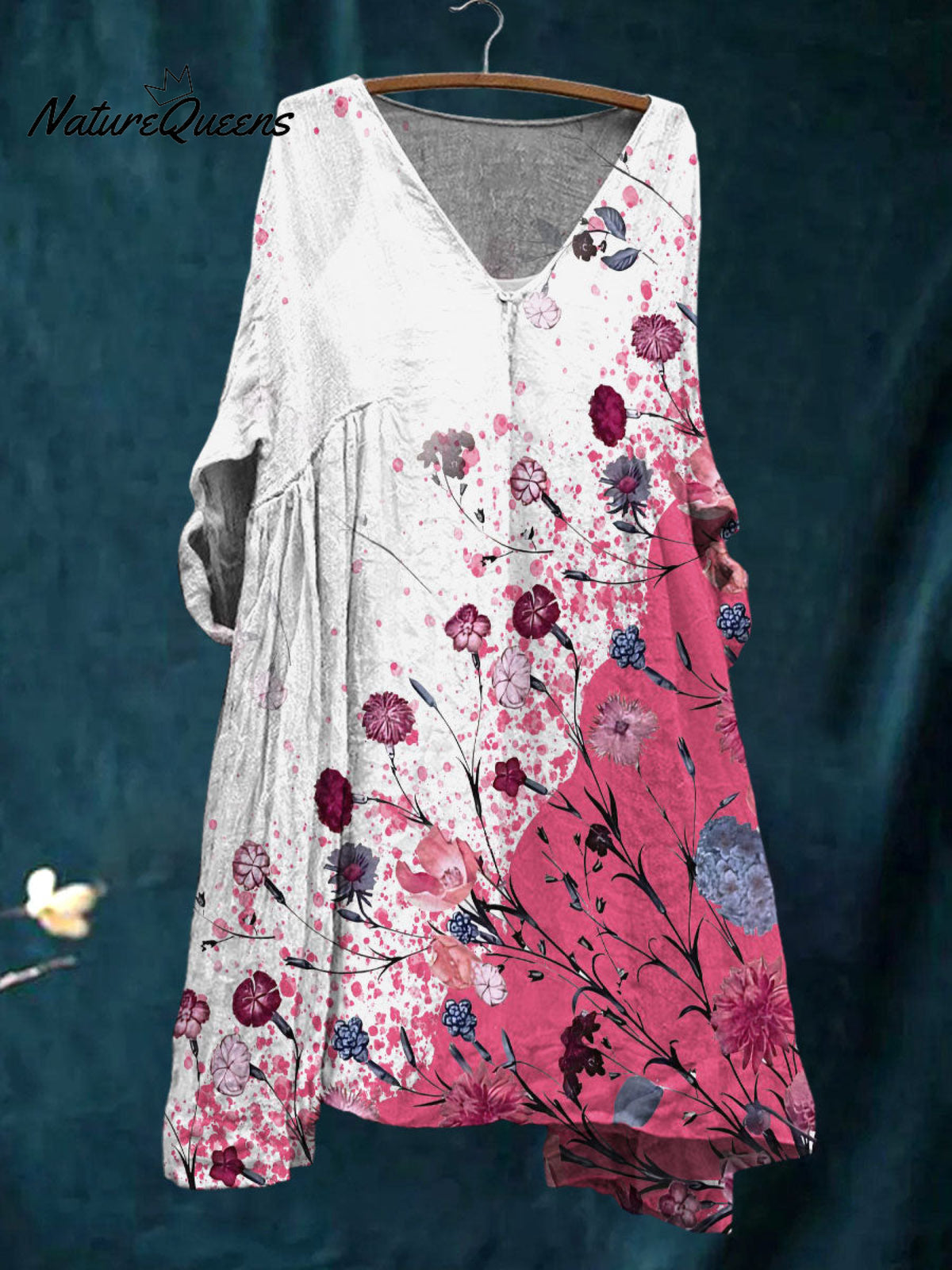 Women's Vintage Flower Art Print Pocket V-neck Cotton Dress