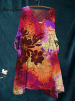 Women's Vintage Flower Art Print Pocket V-neck Cotton Dress