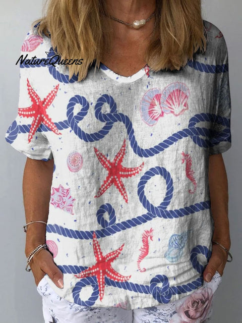 Women's Hemp Rope Starfish Art Print Casual Cotton And Linen Shirt