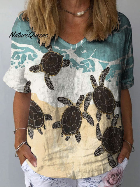 Women's Coastal Turtle Art Print Casual Cotton And Linen Shirt