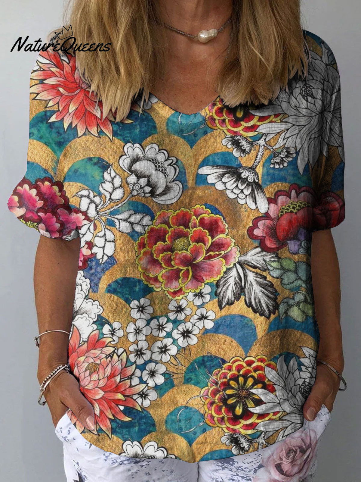 Women's Vintage Flower Art Print Casual Cotton And Linen Shirt