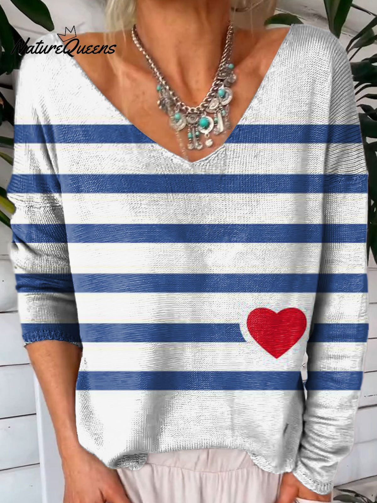 Stripe Love Heart Art Print V-neck Pullover Knit Top