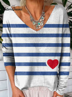 Stripe Love Heart Art Print V-neck Pullover Knit Top
