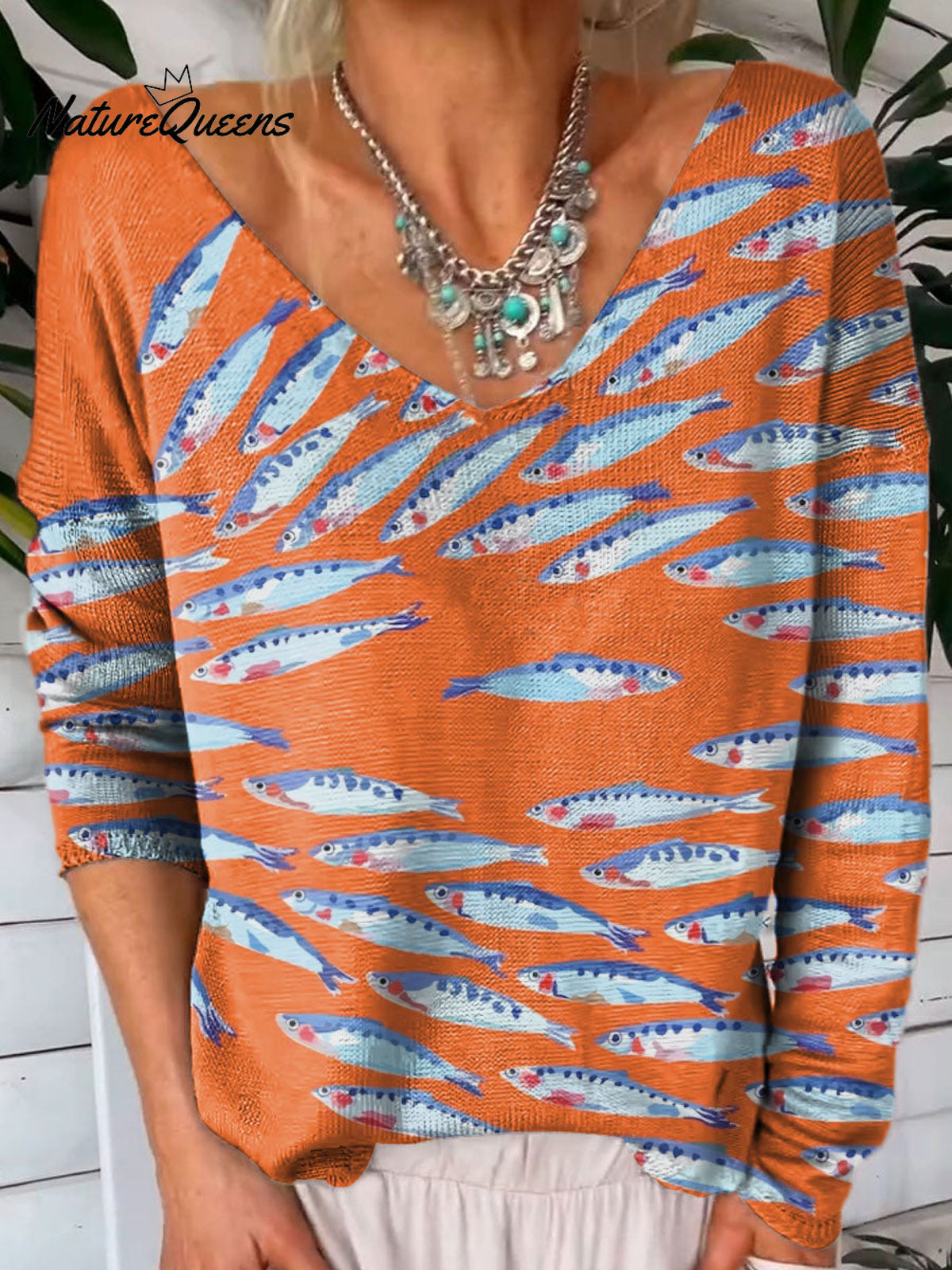 Fish Art Print V-neck Pullover Knit Top