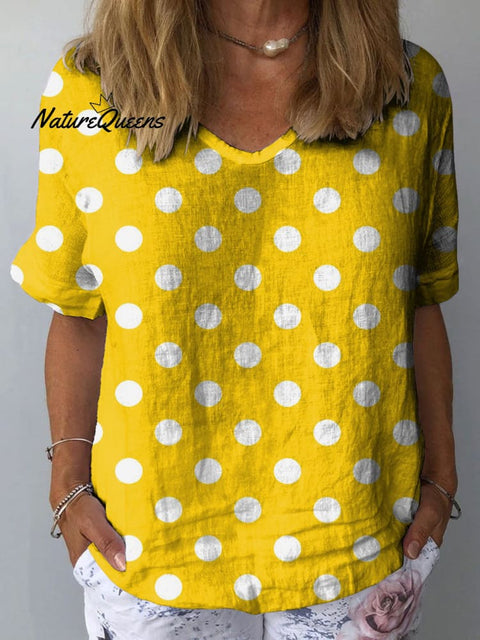 Women's Bright Yellow Polka Dot Art Print Casual Cotton And Linen Shirt