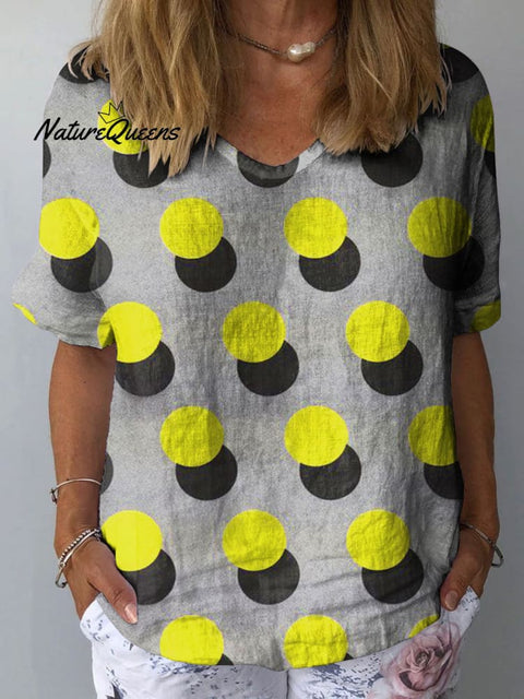 Women's Bright Yellow Polka Dot Art Print Casual Cotton And Linen Shirt