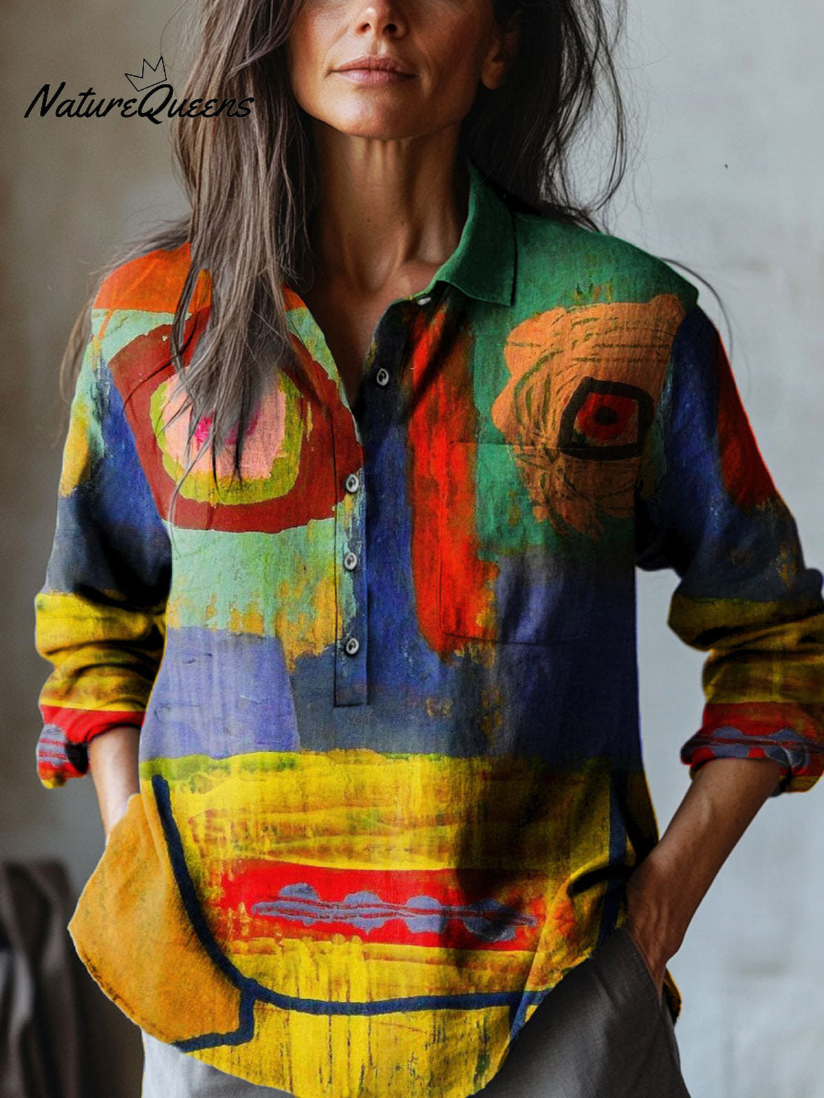 Women's Color Abstract Art Print Casual Cotton And Linen Shirt