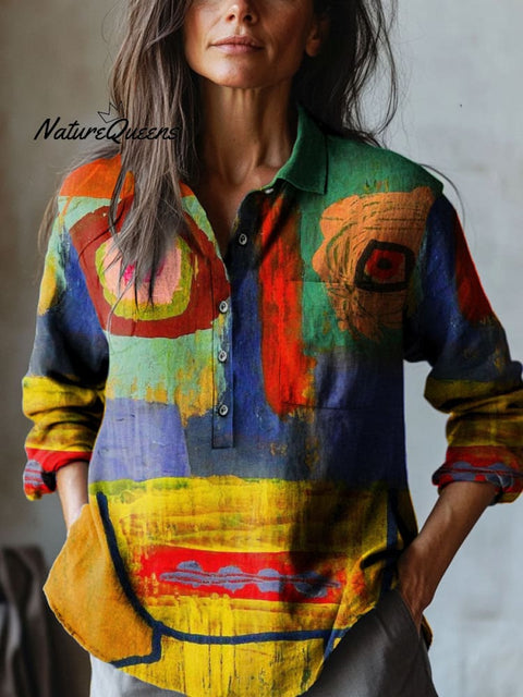 Women's Color Abstract Art Print Casual Cotton And Linen Shirt