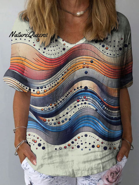 Women's Colorful Ripple Dot Art Print Casual Cotton And Linen Shirt