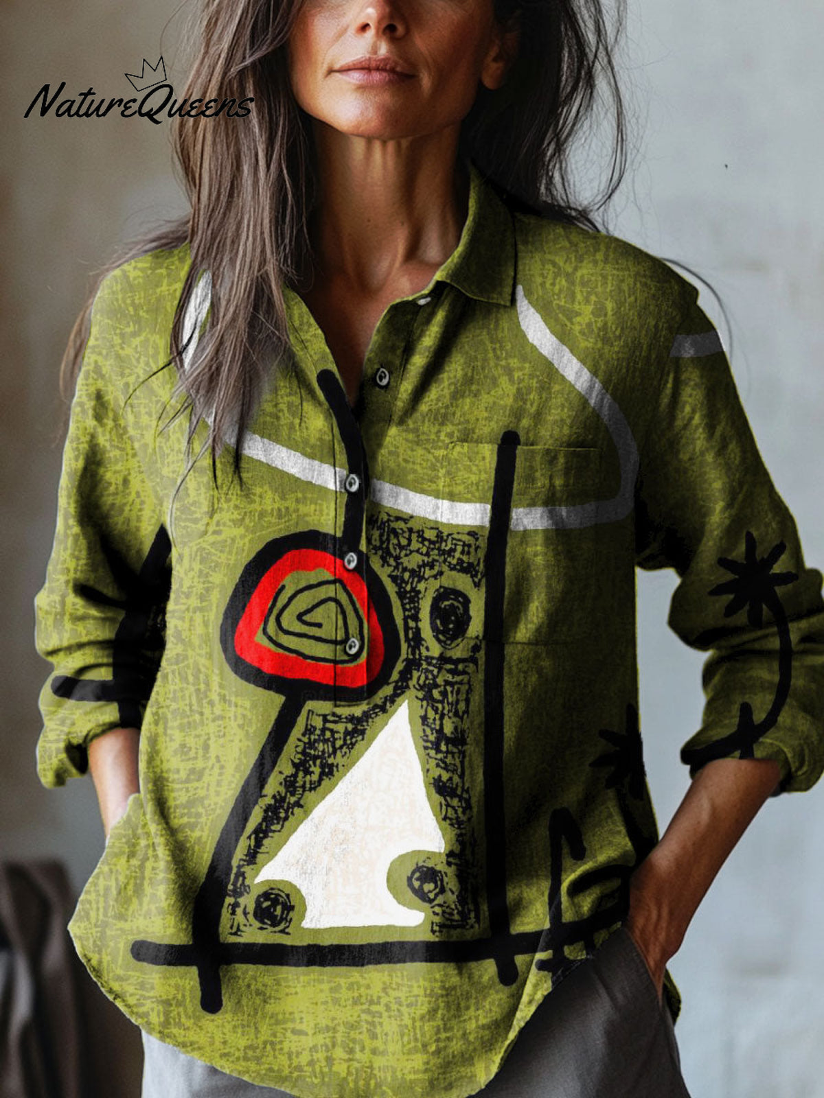 Women's Color Abstract Art Print Casual Cotton And Linen Shirt