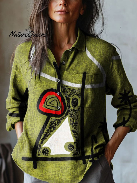 Women's Color Abstract Art Print Casual Cotton And Linen Shirt