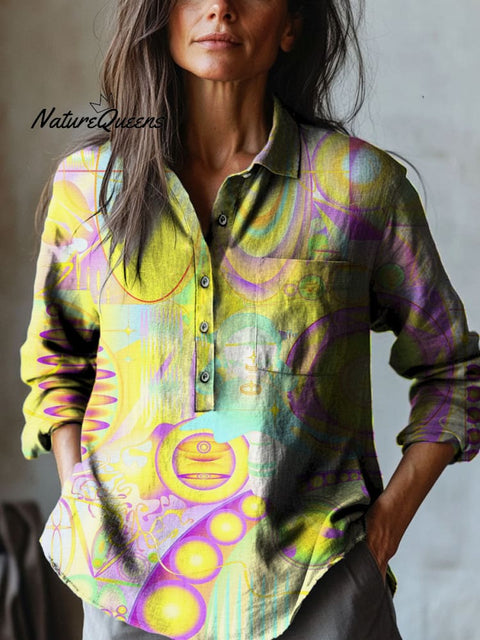 Women's Color Abstract Art Print Casual Cotton And Linen Shirt