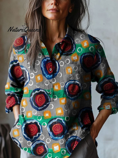 Women's Dots Abstract Art Print Casual Cotton And Linen Shirt