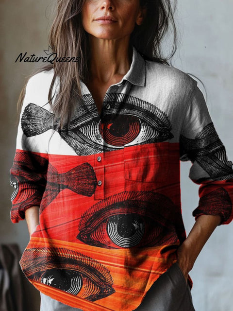 Women's Fisheye Abstract Art Print Casual Cotton And Linen Shirt