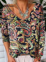 Vintage Flower Art Print V-neck Pullover Knit Top