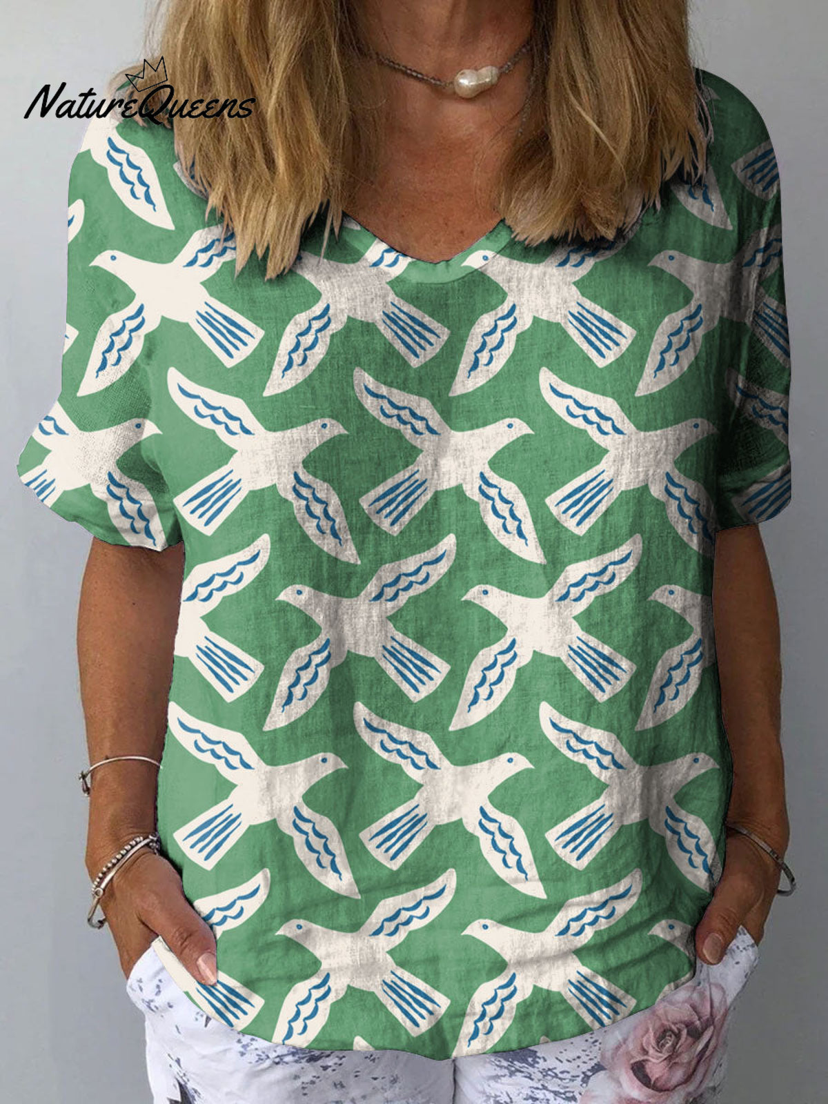 Women's Peace Dove Art Print Casual Cotton And Linen Shirt
