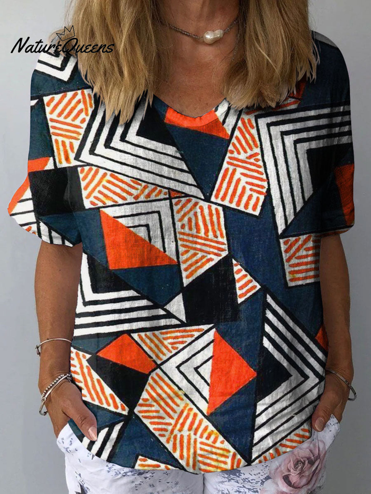 Women's Geometric Abstract Art Print Casual Cotton And Linen Shirt