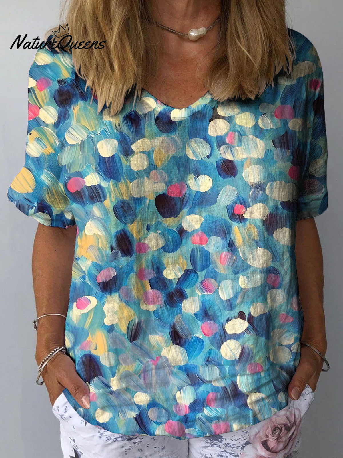 Women's Colorful Abstract Oil Painting Art Print Casual Cotton And Linen Shirt