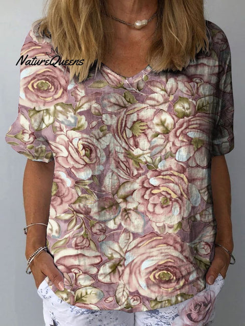 Women's Rose Flower Art Print Casual Cotton And Linen Shirt