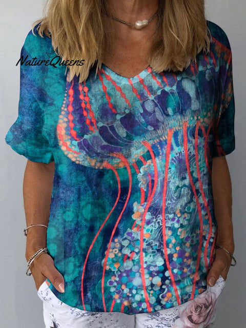 Women's Jellyfish Colorful Abstract Art Print Casual Cotton And Linen Shirt