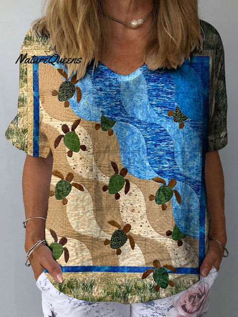 Women's Sea Turtle Mosaic Art Print Casual Cotton And Linen Shirt