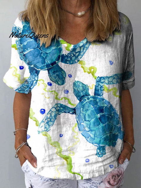 Women's Turtle Art Print Casual Cotton And Linen Shirt