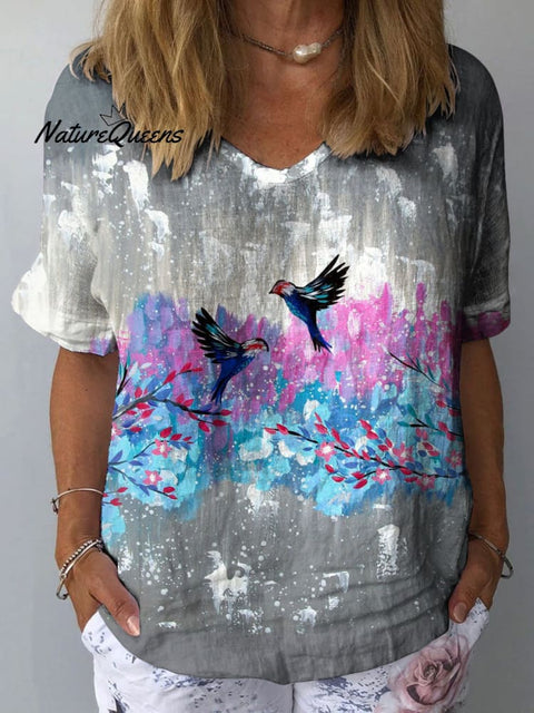 Women's Sparrow Flower Art Print Casual Cotton And Linen Shirt