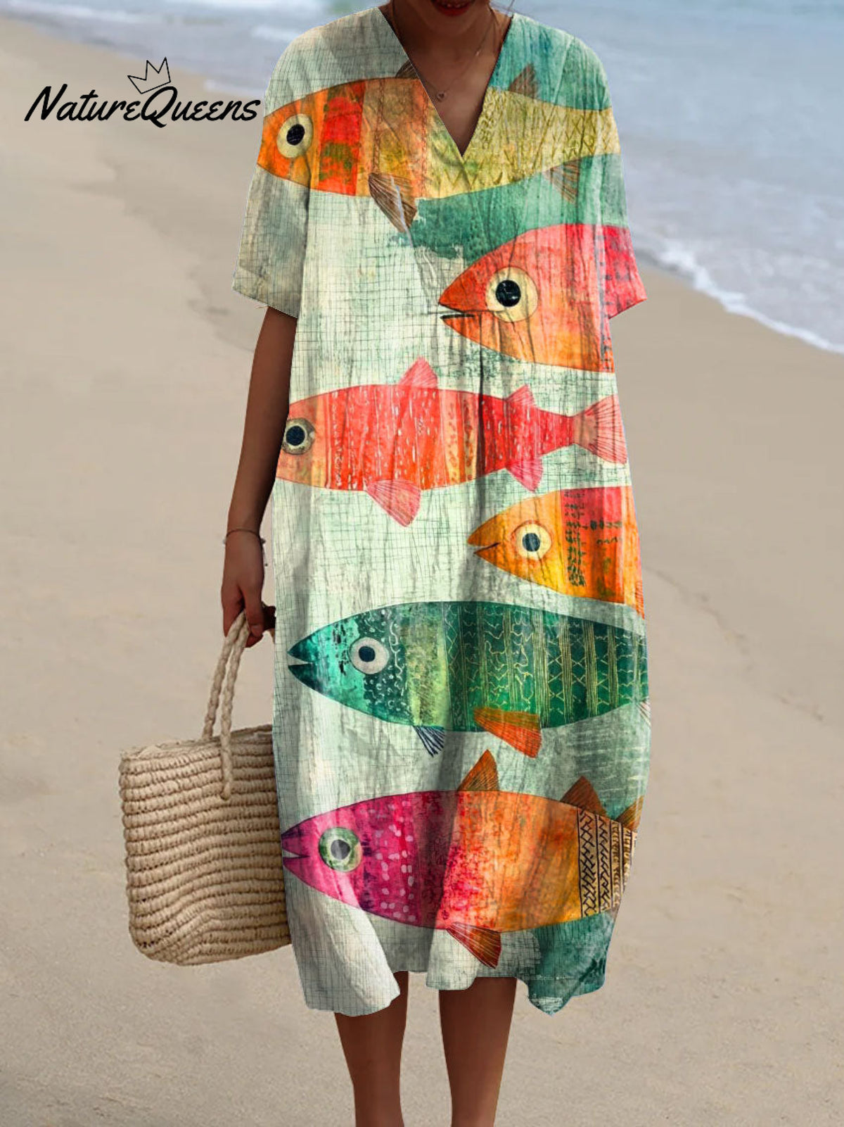 Women's Colorful Fish Art Print Flowy Dress