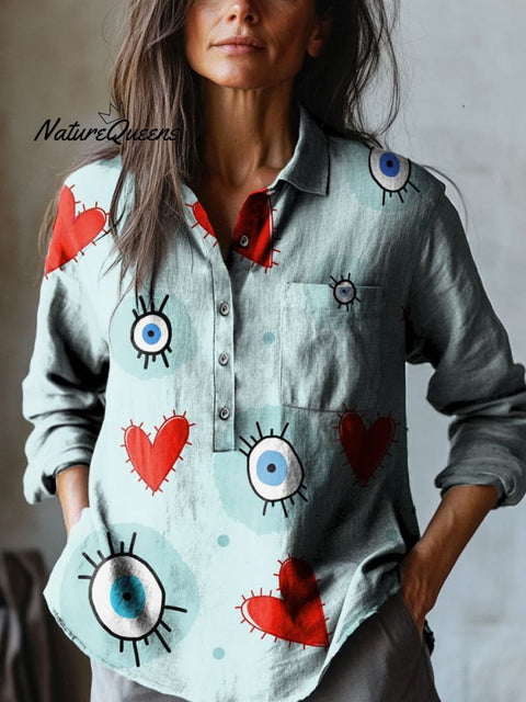 Women's Abstract Heart Shaped Eyes Art Print Casual Cotton And Linen Shirt