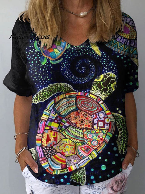 Women's Colorful Turtle Art Print Casual Cotton And Linen Shirt