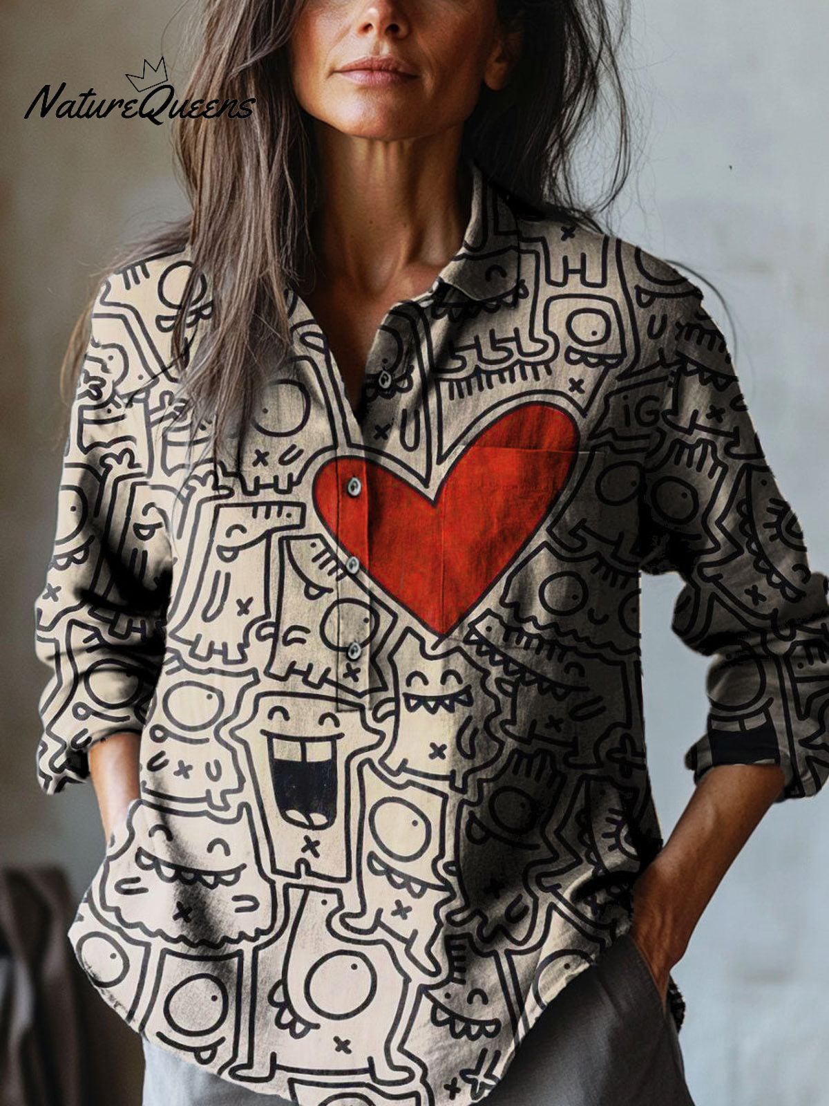 Women's Abstract Heart Shape Childlike Art Print Casual Cotton And Linen Shirt