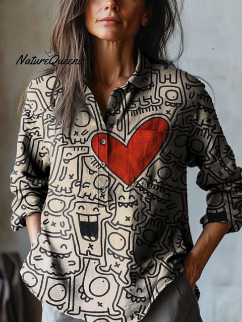 Women's Abstract Heart Shape Childlike Art Print Casual Cotton And Linen Shirt