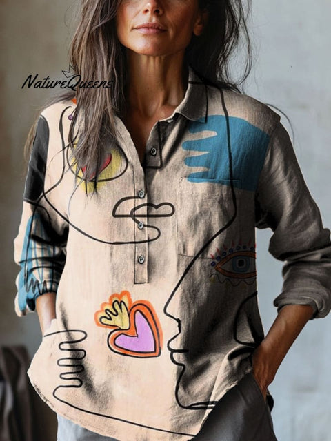 Women's Abstract Line Art Print Casual Cotton And Linen Shirt