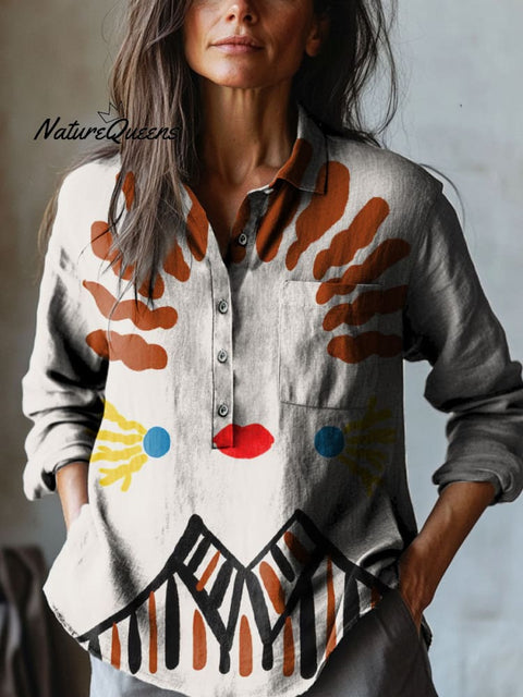 Women's Abstract Line Art Print Casual Cotton And Linen Shirt