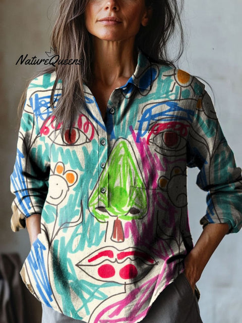 Women's Abstract Lines Facial Art Print Casual Cotton And Linen Shirt