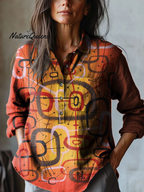 Women's Abstract Colorful Art Print Casual Cotton And Linen Shirt