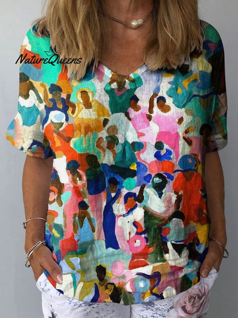 Women's Colorful Abstract Art Print Casual Cotton And Linen Shirt