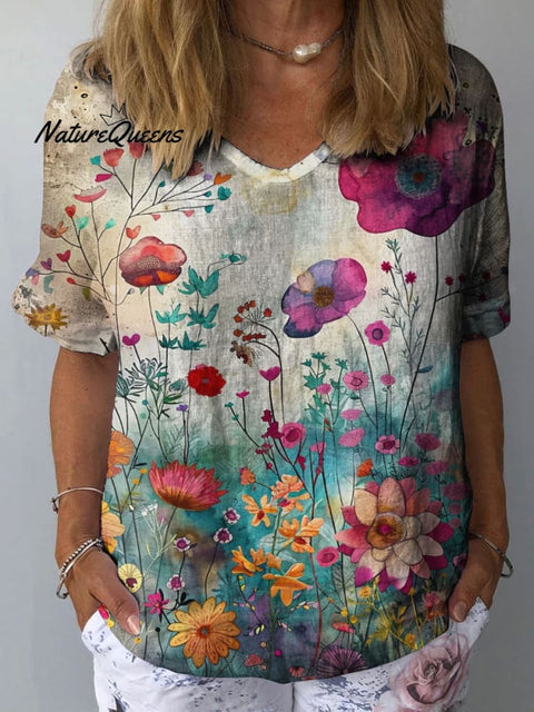 Women's Flower Art Print Casual Cotton And Linen Shirt