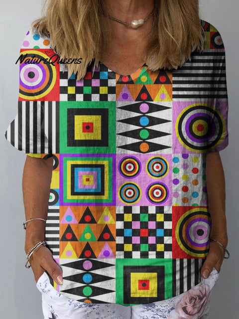 Women's Colorful Geometric Art Print Casual Cotton And Linen Shirt