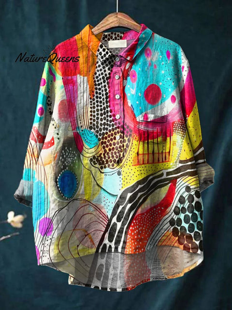 Women's Abstract Colorful Art Print Casual Cotton And Linen Shirt